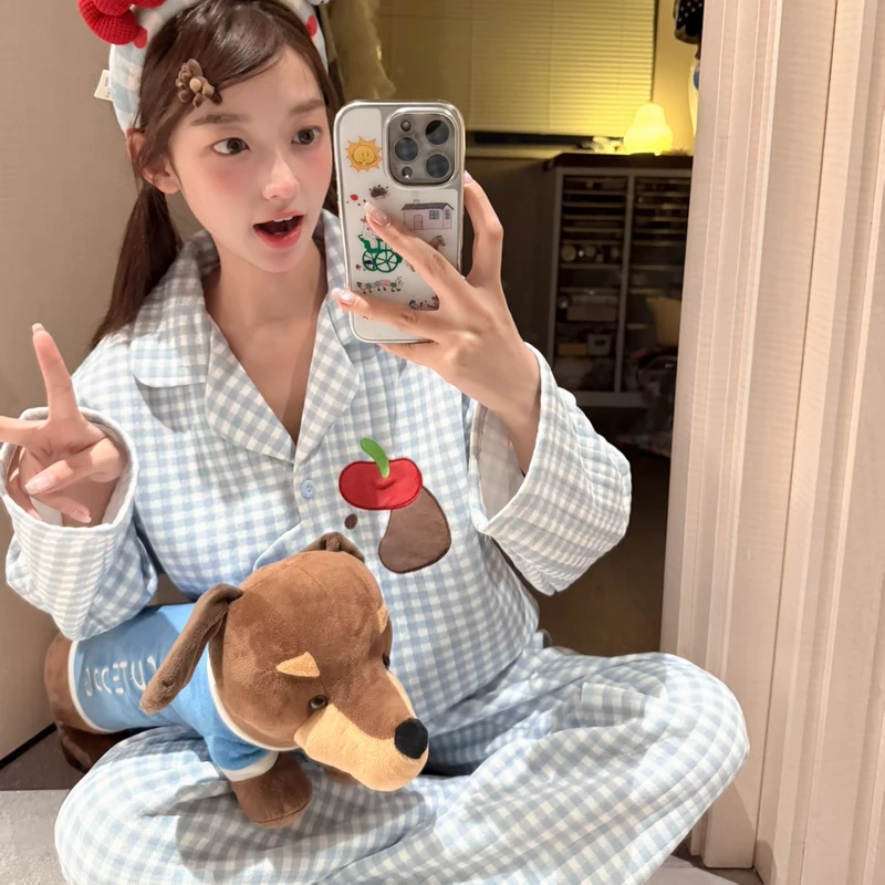 蓝色可爱苹果小狗格子空气棉夹层加厚保暖秋冬睡衣长袖家居服