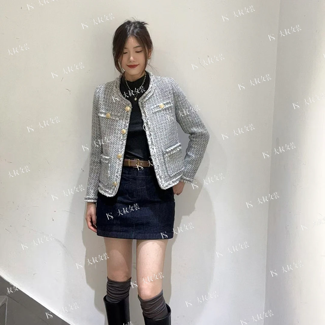 语芙婷】2025秋冬新款羊毛小香风外套冰岛灰蓝色-8030