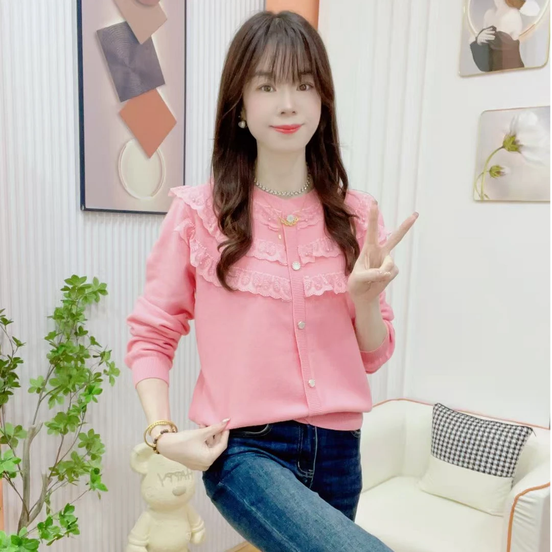 炬雅【诗梦】新款时尚法式重工钉珠拼接花边洋气百搭甜美减龄毛针织