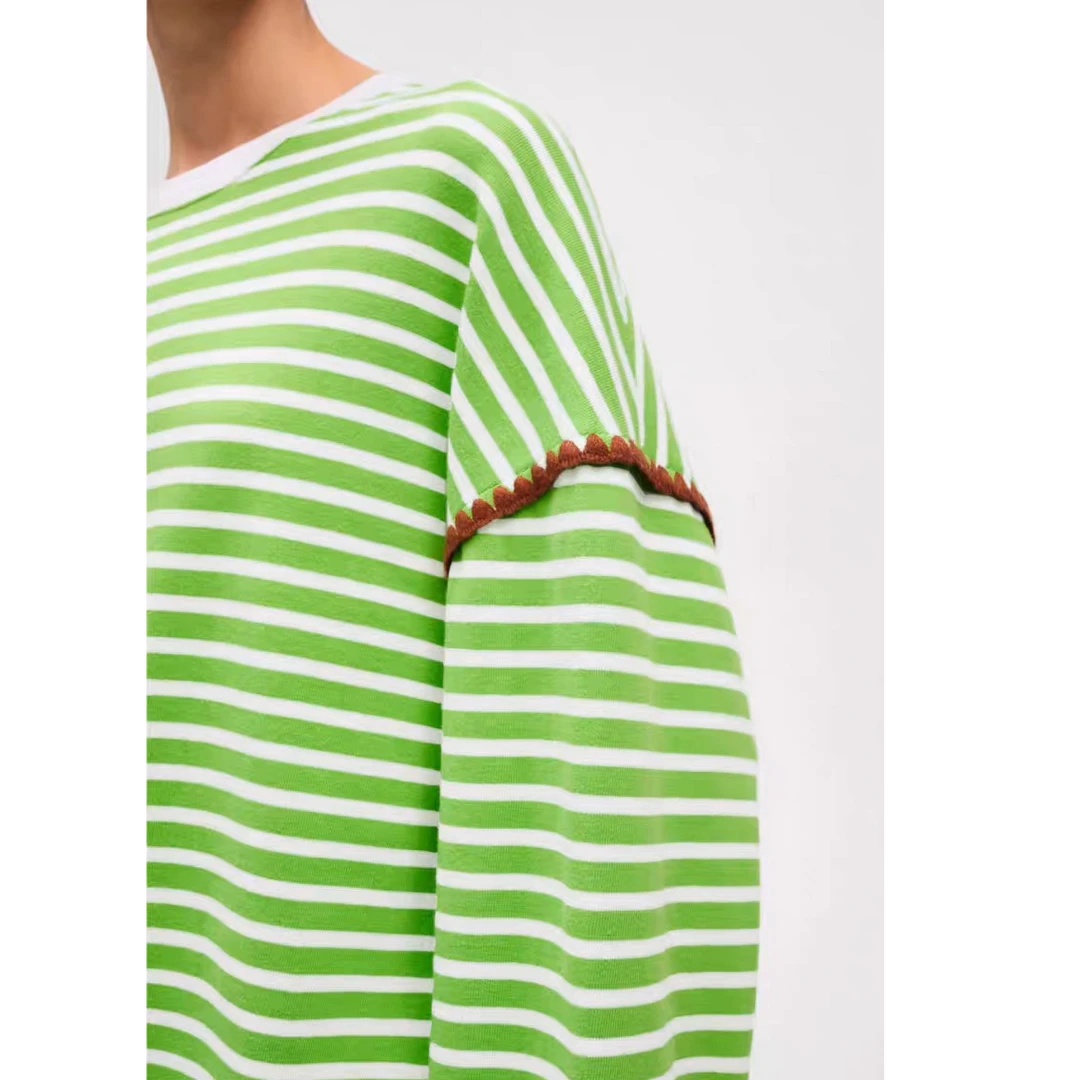 AW241545   100棉贝壳绣撞色条纹长袖T恤上衣