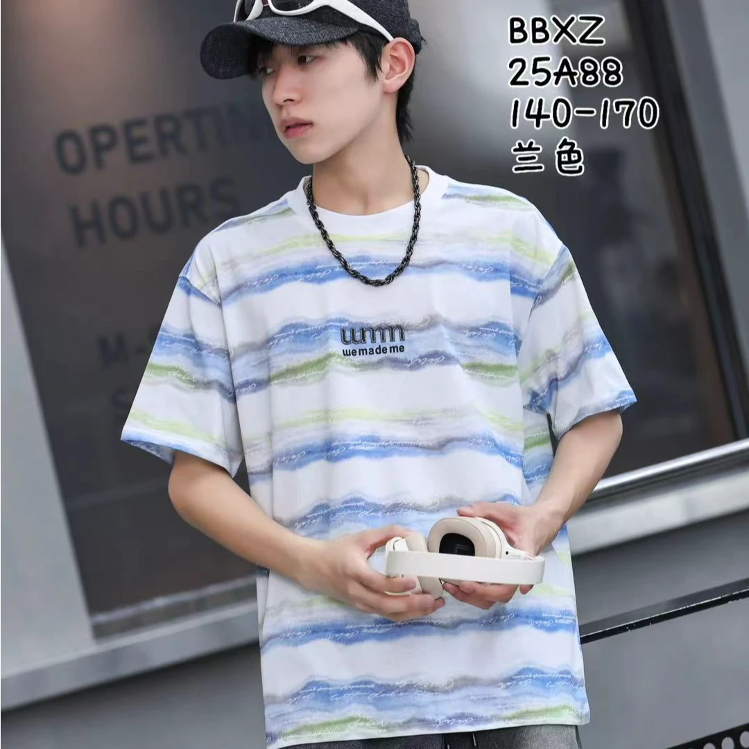 【万多童装】25A88夏季男童中大童青少年彩条压花短袖T恤