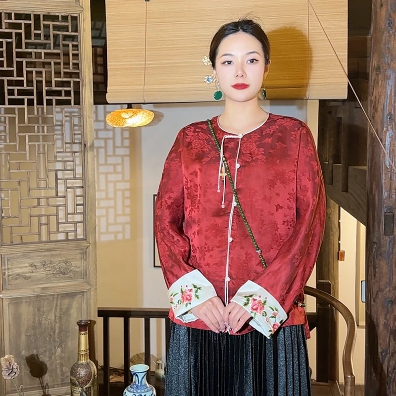 【棠依】锦莨新国风桑蚕丝上衣小衫刺绣百搭款新中式圆领提花复古