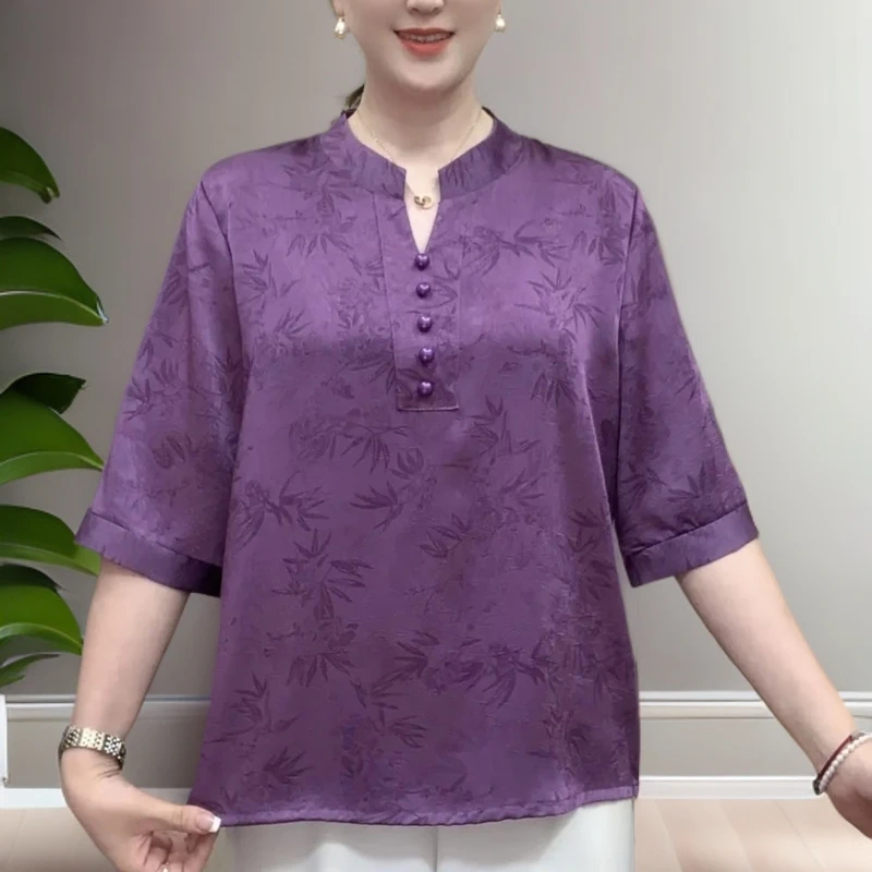 【紫仙子】2025新款中袖立领云缎小衫气质夏装百搭显瘦时尚女装