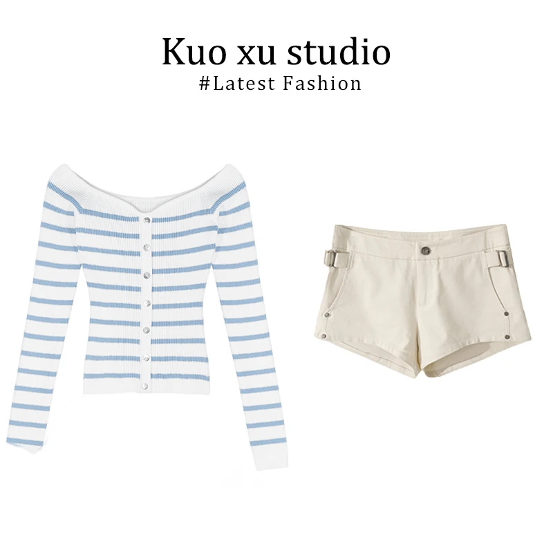 蓝白条纹一字肩针织衫纯欲风短款露肩长袖上衣直筒短裤显腿长裤子