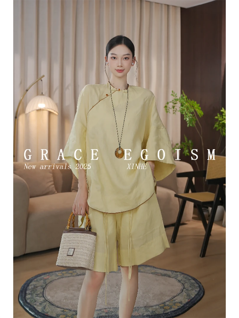 金禾【素夏】折扣夏款国风苎麻中式斜襟盘扣上衣短裤套装3527