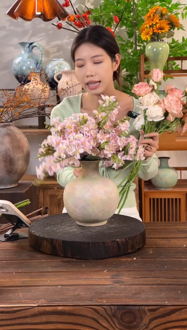 【苔点绿-小圆墩】侘寂风复古风陶瓷花瓶插花花器新中式摆件