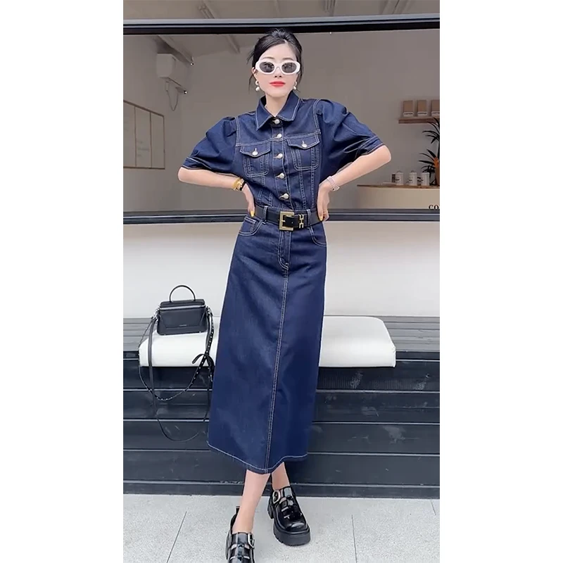 复古工装短袖牛仔连衣裙女2025新款POLO领修身高腰开叉纯色连衣裙