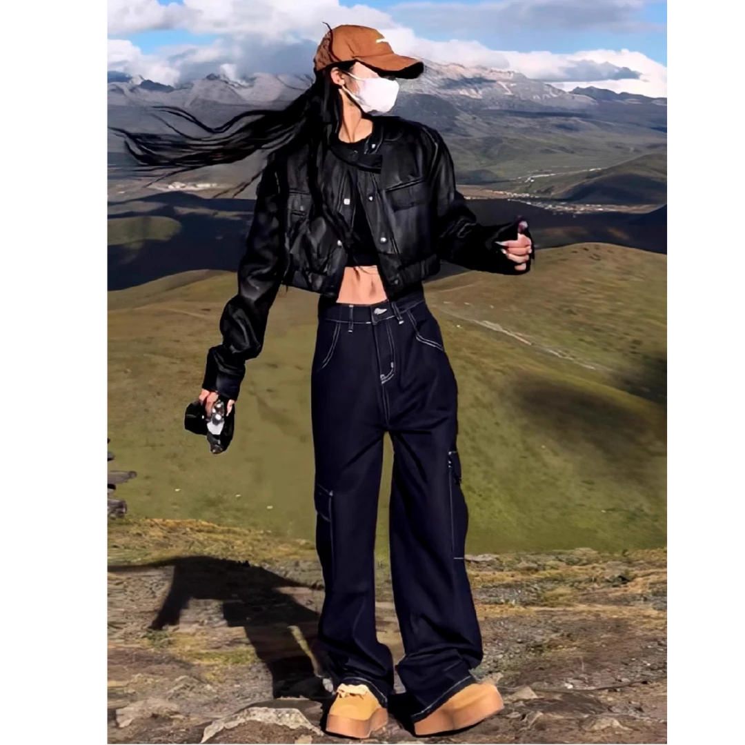 美式复古黑色皮衣外套女秋冬款高级感休闲时尚宽松短款机车风夹克