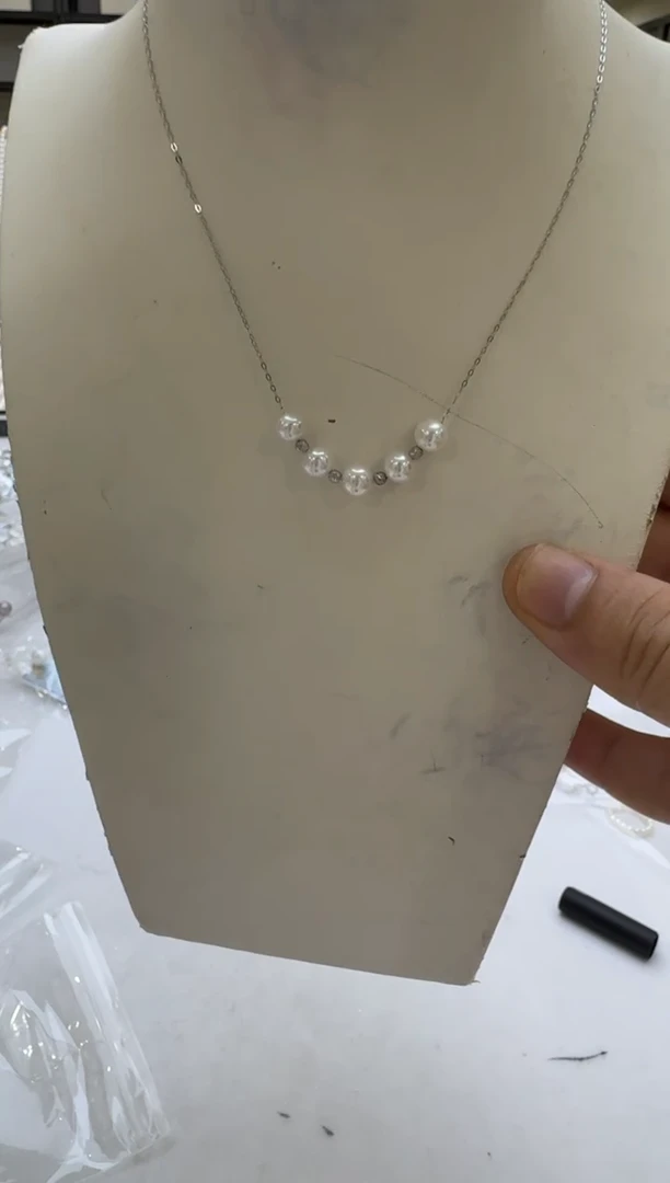 淡水珍珠银S925镶嵌项链5-6mm 白细胞微笑链