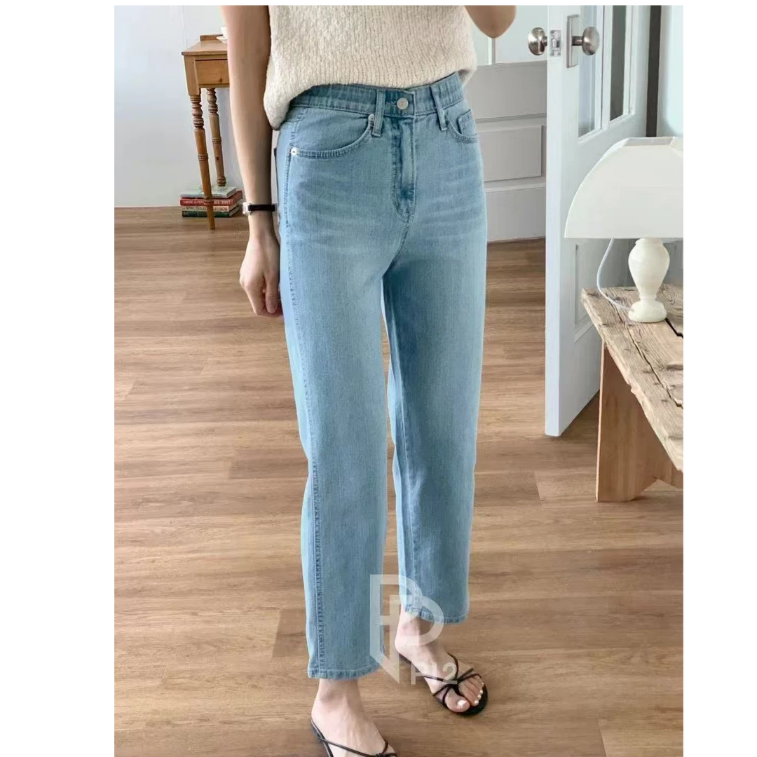 【东大门精选】夏季新款松紧中高腰超显瘦腿直修身弹力不贴腿直筒裤