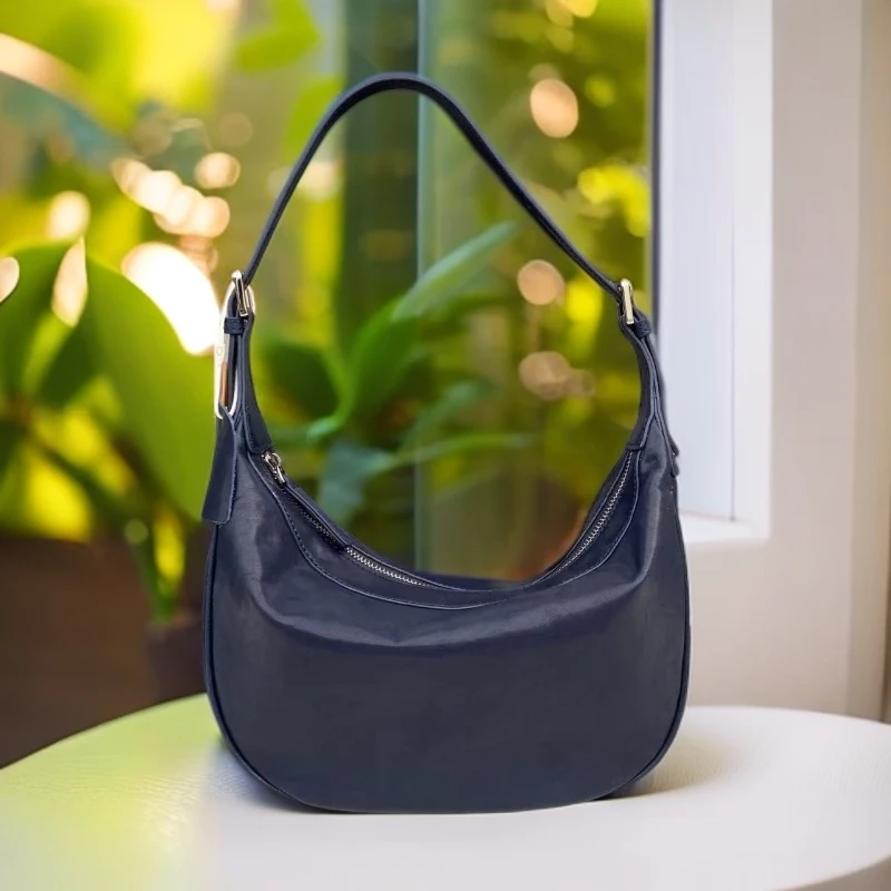 水晶植鞣牛皮单肩饺子包休闲ins拉链车线小众双根单肩斜跨包61733