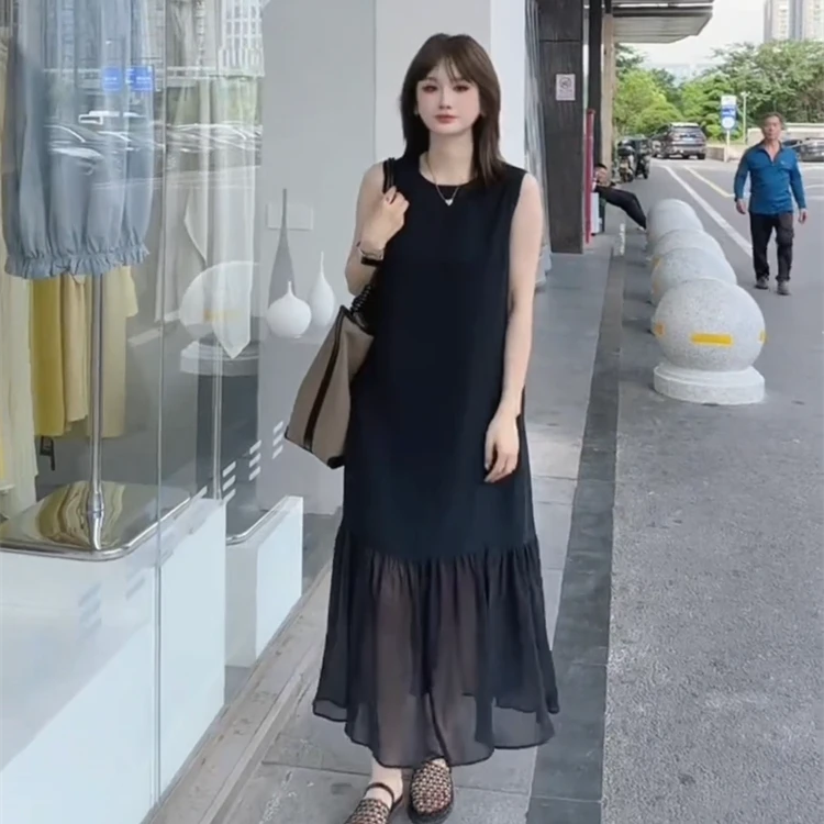 欧货高级赫本风无袖连衣裙夏季2025新款时尚气质拼接网纱背心长裙