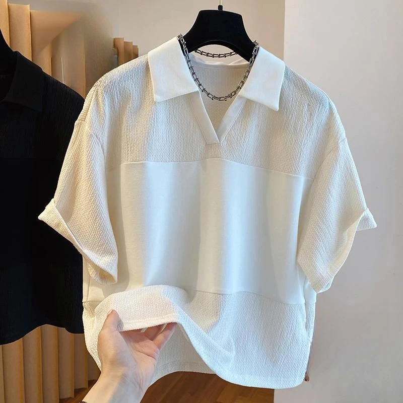 仓石一树复古撞色拼接POLO领短袖T恤男士夏季新款皱褶半袖上衣服