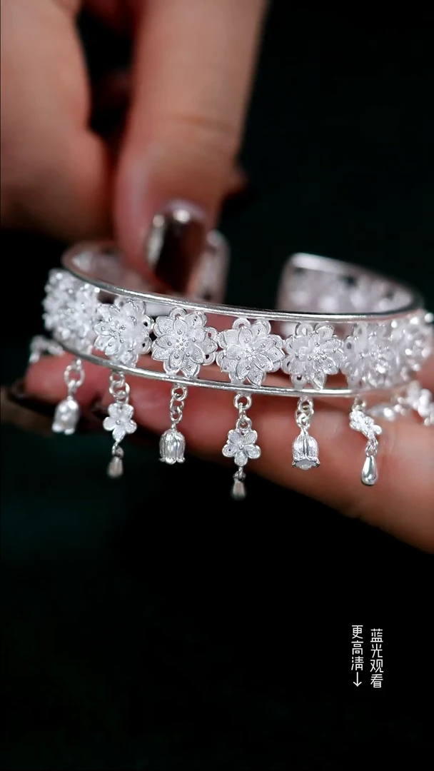珐琅足银新款花丝莲花流苏手镯