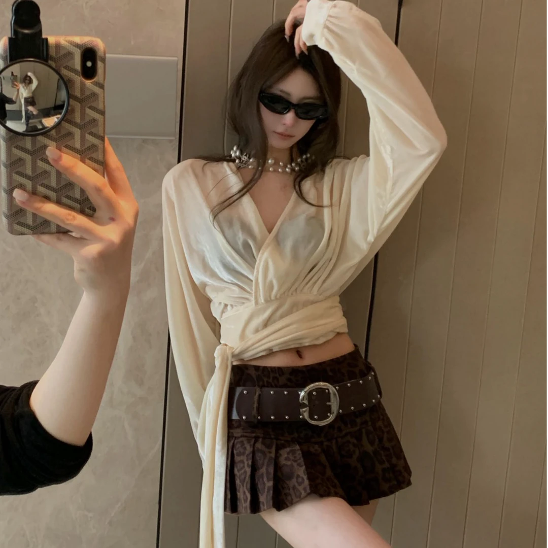 美式辣妹别致绝美设计感绑带上衣半身裙女秋冬豹纹高腰显瘦短裙女