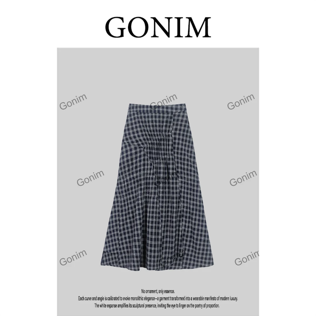 Gonim·"素女格纹裙"2025显瘦简约气质抽绳腰带百搭半身裙