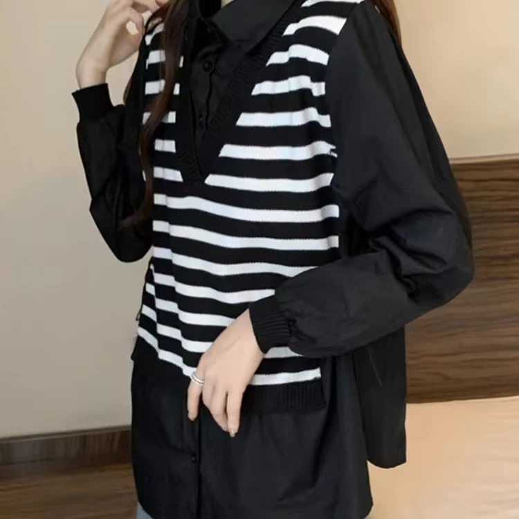 3933撞色条纹背心拼接衬衫女假两件抽绳-衣长64