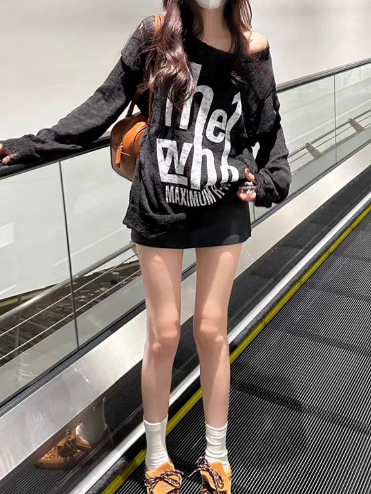 美式复古慵懒风宽松破洞毛衣女春秋设计感辣妹露肩长袖针织上衣潮