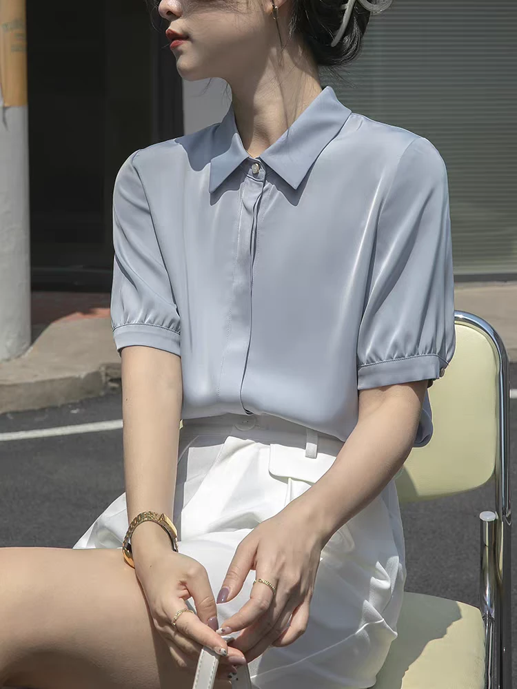 3301夏季法式短袖粉色翻领休闲衬衫衬衣薄款衬衫小香风