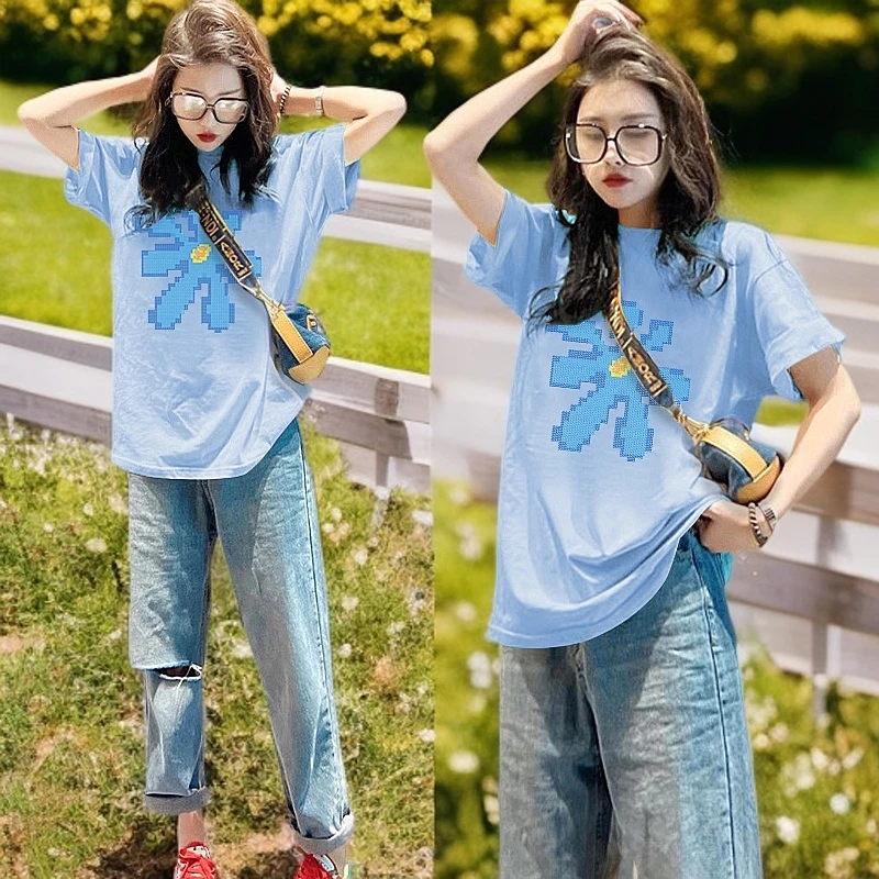 时尚潮流印花纯棉短袖t恤女夏季宽松显瘦欧货女装小众设计感上衣