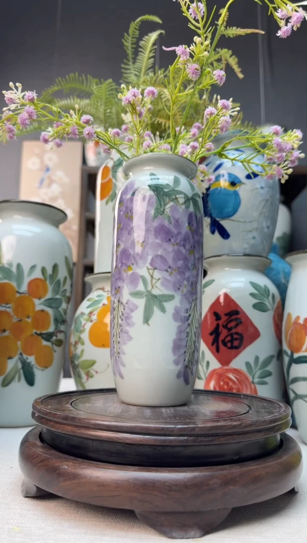 【闪购商品】瓶景德镇手绘陶瓷花瓶底部无孔高19口5左右