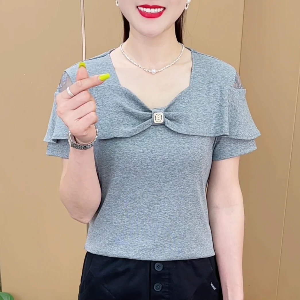 夏季新款时尚蝴蝶结蕾丝露肩设计T恤休闲百搭气质短袖上衣M660