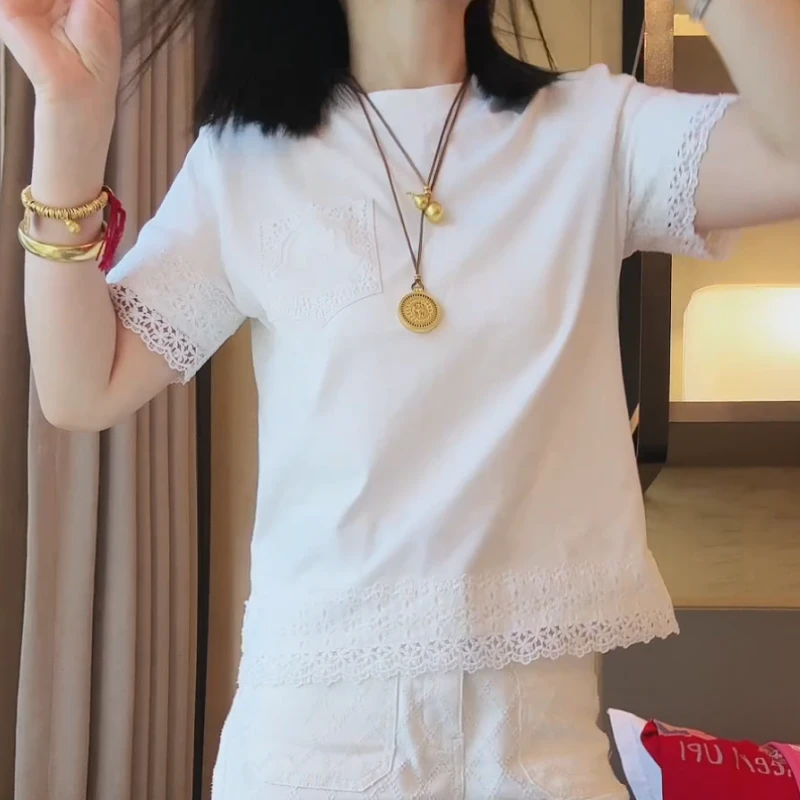 2025早春新款欧若风休闲胸口口袋蕾丝短袖T恤LK2502273