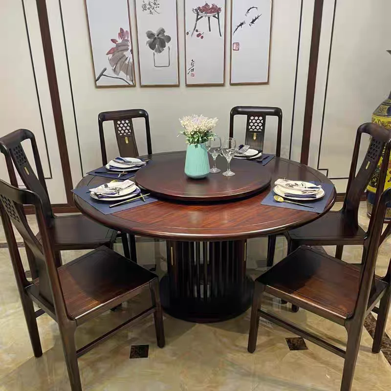 新中式实木圆餐桌椅组合现代简约酒店轻奢圆桌家用吃饭乌金木桌子