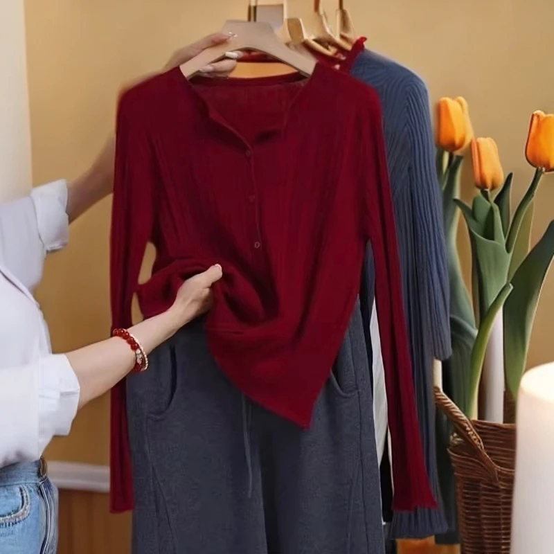 春季女装2025新款时尚气质针织单排扣半开领设计休闲百搭长袖上衣