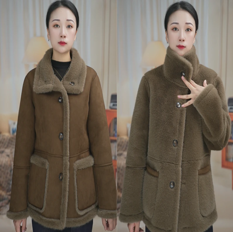 2025女保暖绒毛一体短外套冬装冬季秋冬女士加绒加厚短款韩版呢子