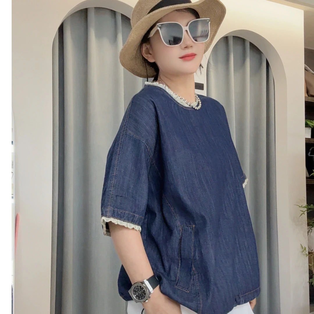 【摩姐姐欧韩】799春夏款花边领下摆抽绳宽松套头牛仔短袖