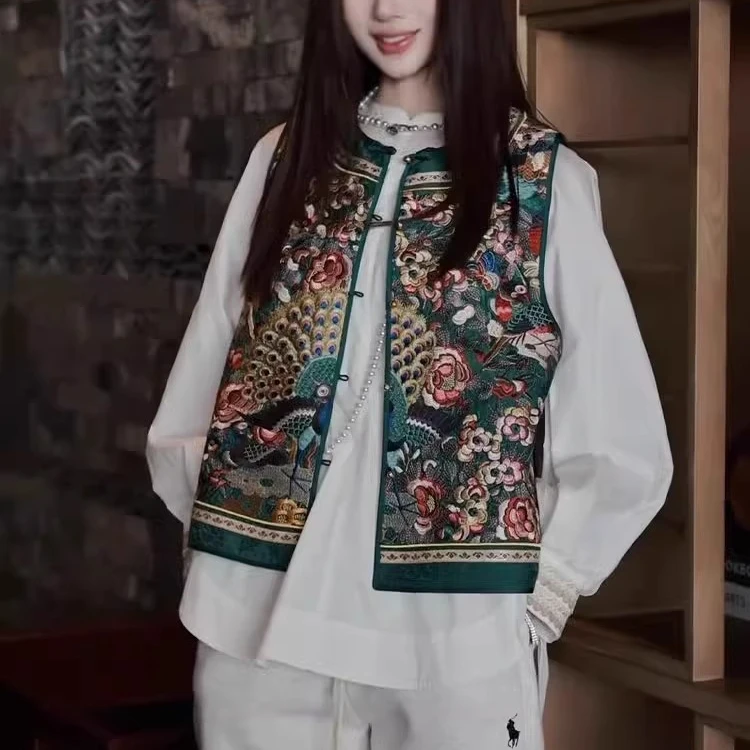 新中式国风马甲套装汉服女春2025新款独特漂亮印花马夹衬衫两件套