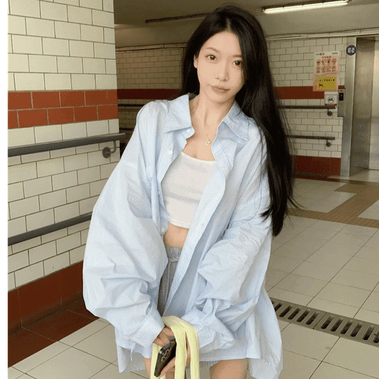 【五色】蓝色条纹polo领衬衫女慵懒休闲长袖上衣宽松中长款防晒衬衣