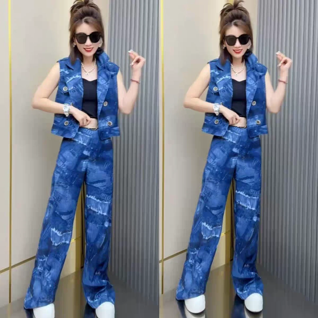 2025夏新款复古翻领马甲阔腿裤两件套(带腰带)时尚洋气清新套装