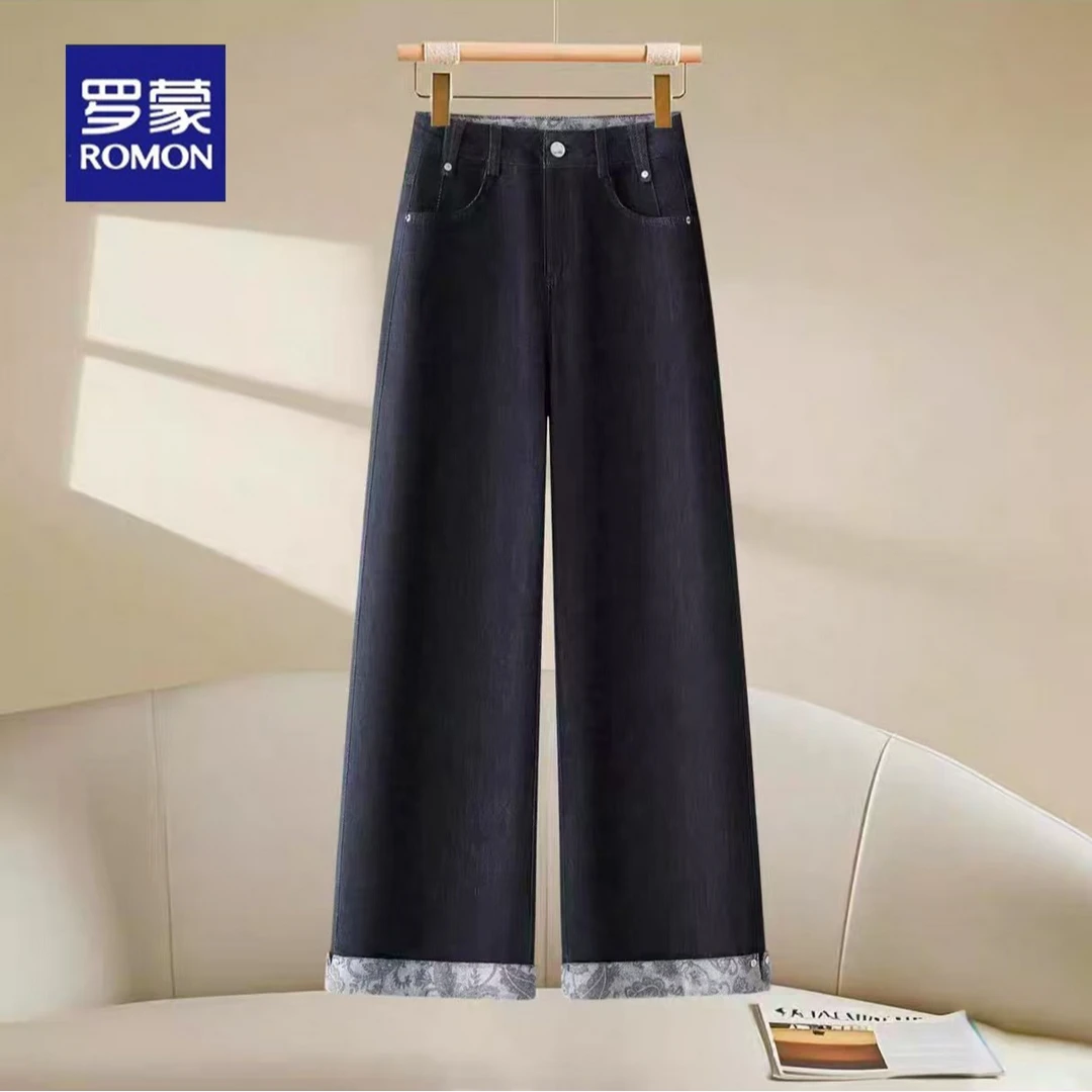 罗蒙翻边印花直筒牛仔裤女2025新款春秋高腰显瘦宽松百搭阔腿裤