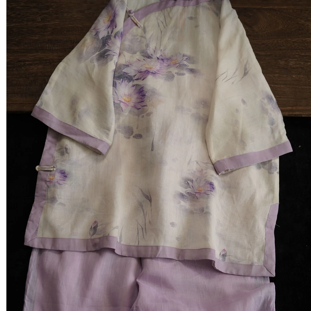 复古中式国风苎麻紫莲印花 系宽松禅意单层茶服 套装