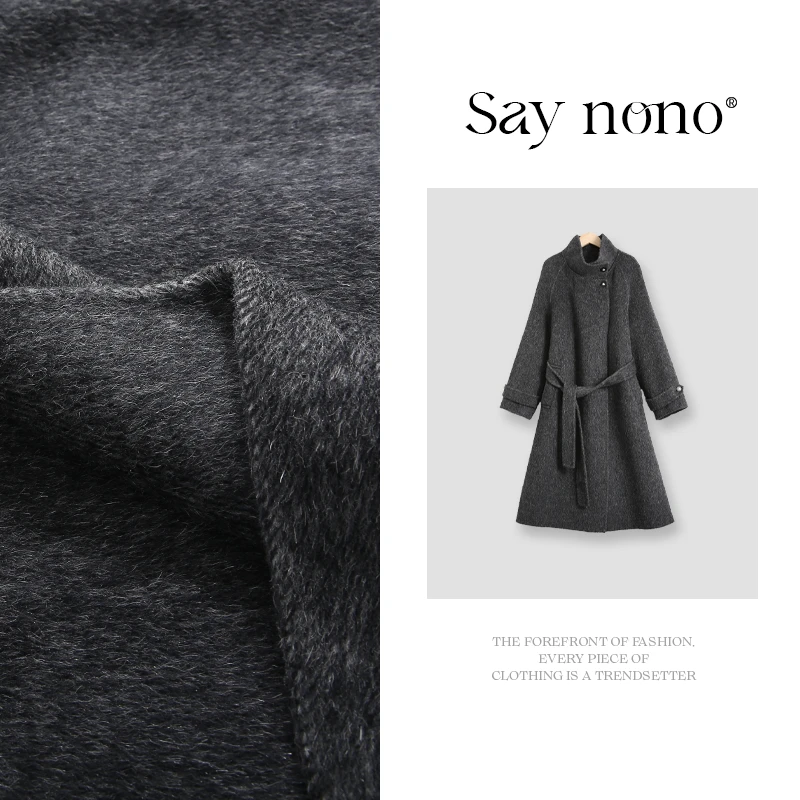 懒猫nono│Saynono 蚕丝绵羊毛立领系带长款大衣/XXMJS1501