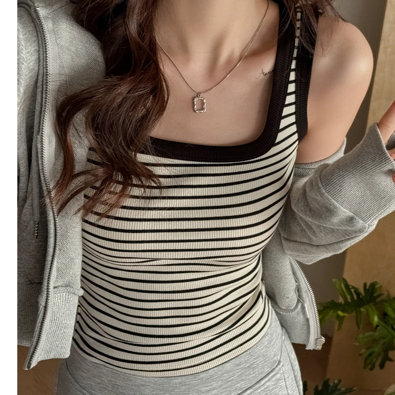 棉条纹撞色方领打底小吊带背心女内搭修身无袖遮副乳可外穿上衣