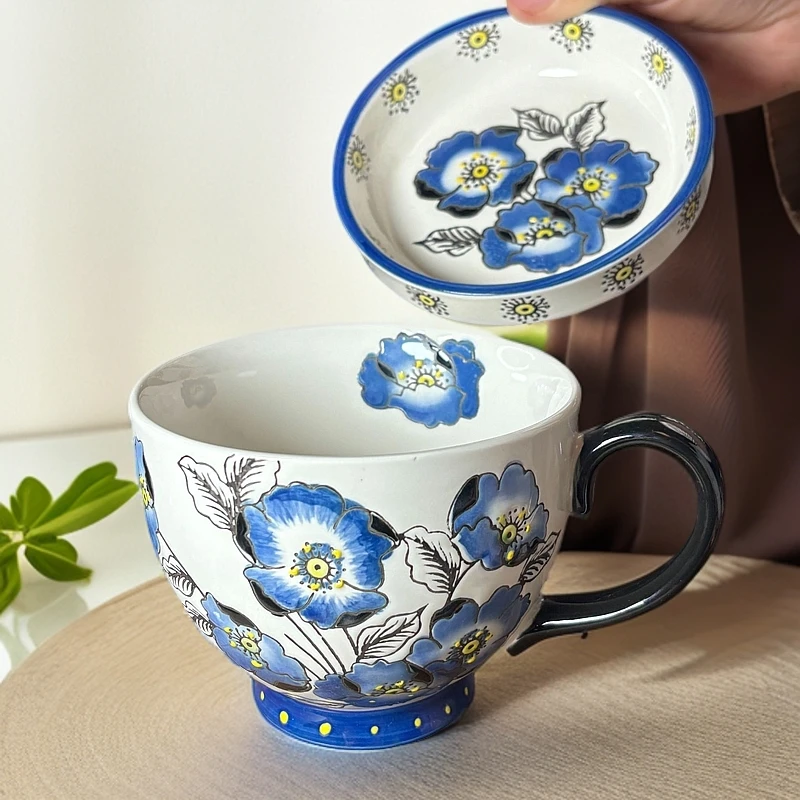 3高温瓷釉下彩手绘兰花带盖大容量早餐杯精致牛奶杯家用燕麦杯
