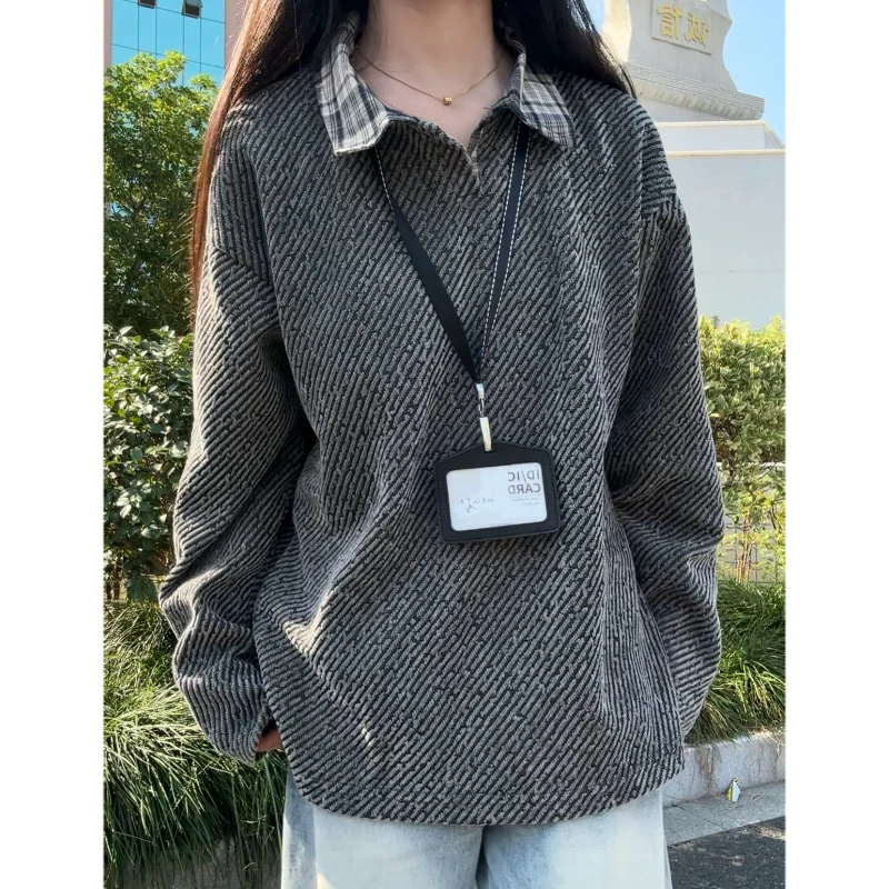 美式重磅雪尼尔长袖T男秋季粗花针织打底Polo衫宽松慵懒卫衣外套