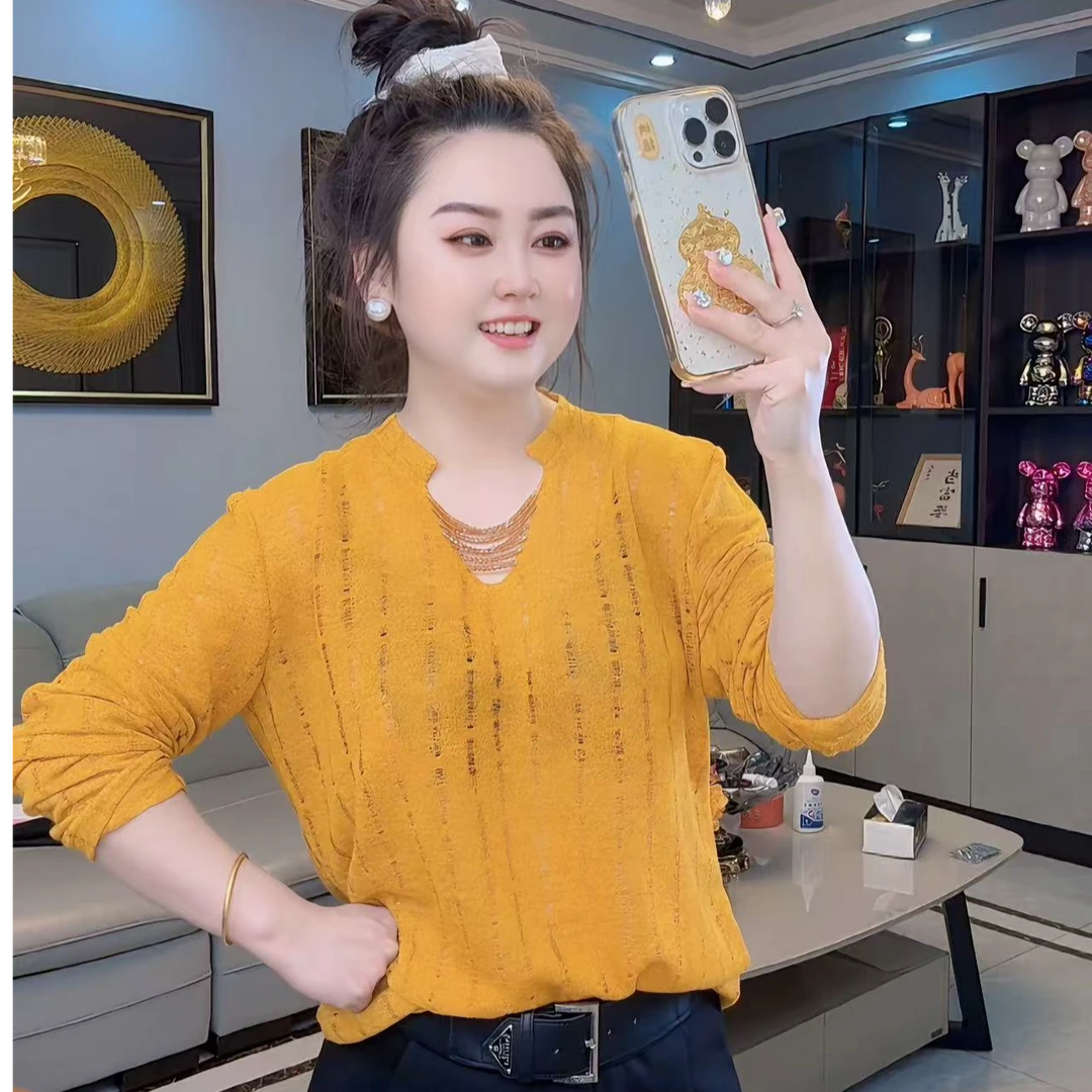 2025早秋新款重工珠链v领长袖上衣女设计感微透内搭时尚潮流