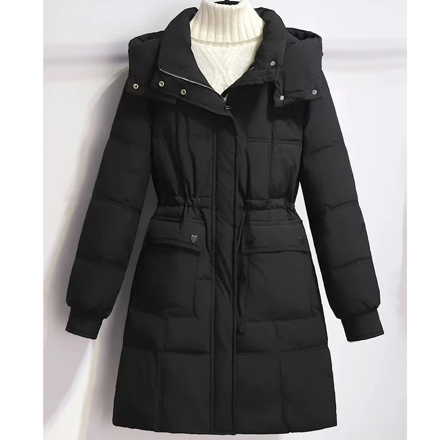 流行爆款黑色外套女冬季新款小个子连帽高级感收腰显瘦【长约75】