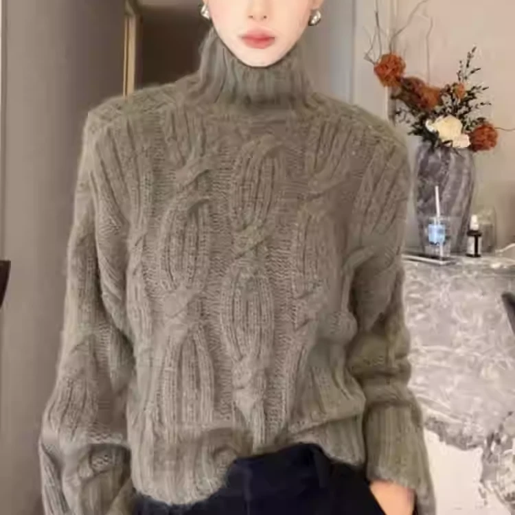 复古老钱风高领绞花纹长袖针织衫女打底显瘦上衣0169