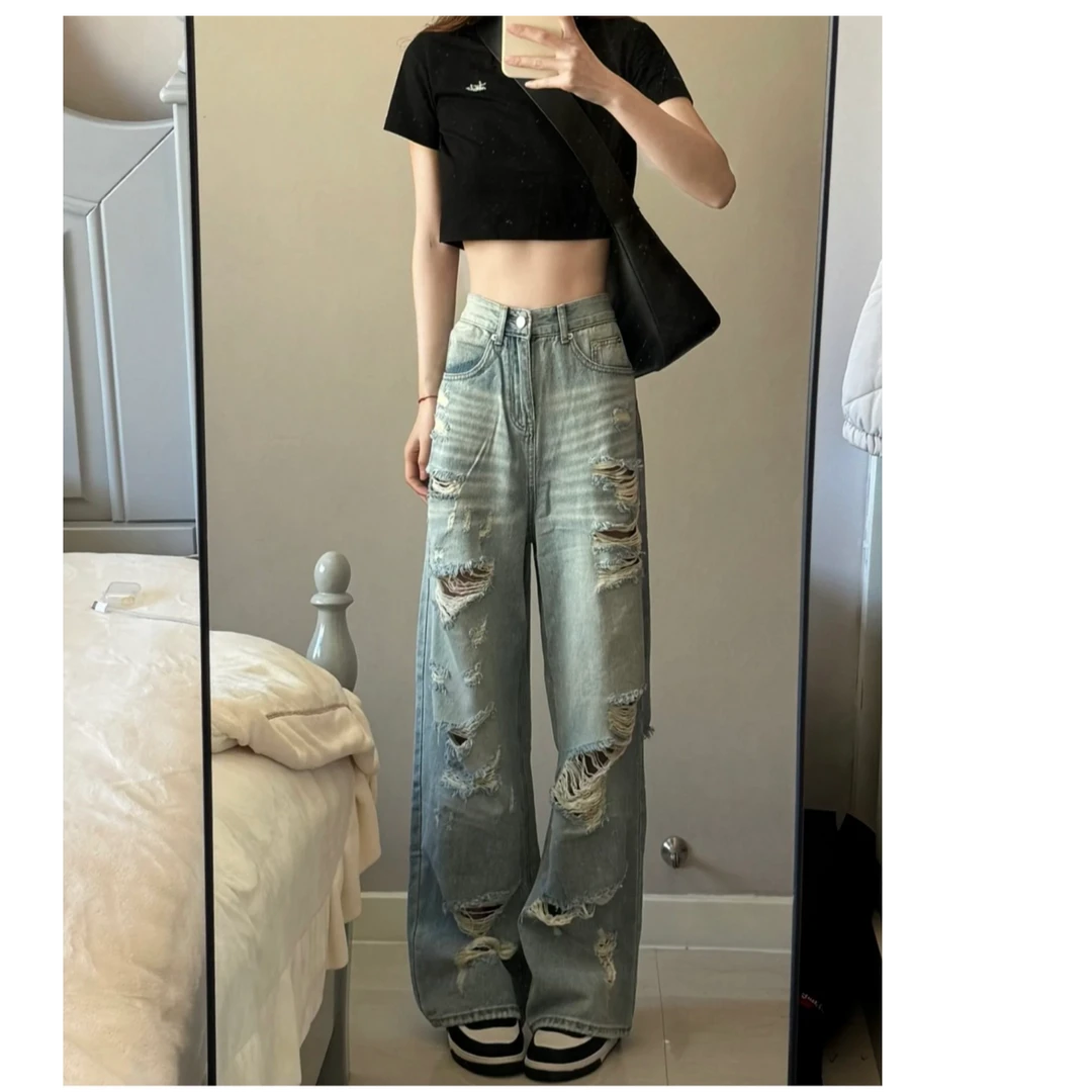 辣妹美式破洞牛仔裤女秋季薄款高腰休闲直筒宽松乞丐阔腿拖地长裤