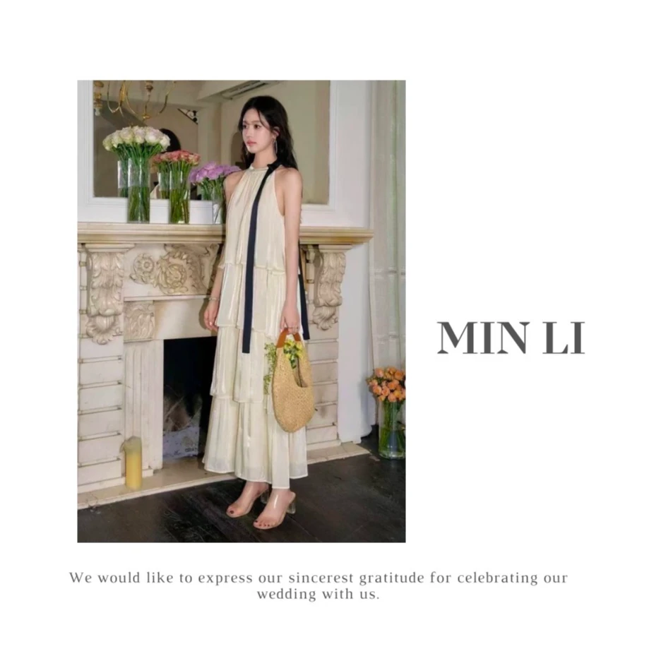 【 MIN LI 】S/S法式流光纱撞色蝴蝶结连衣长裙