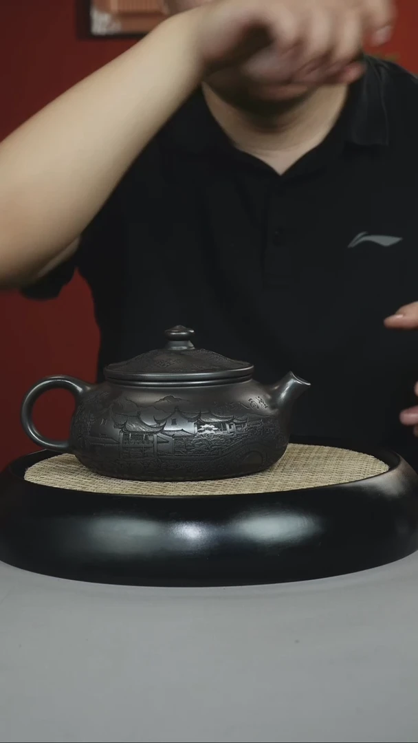 茶壶紫砂石黄 寒江 刻绘山水