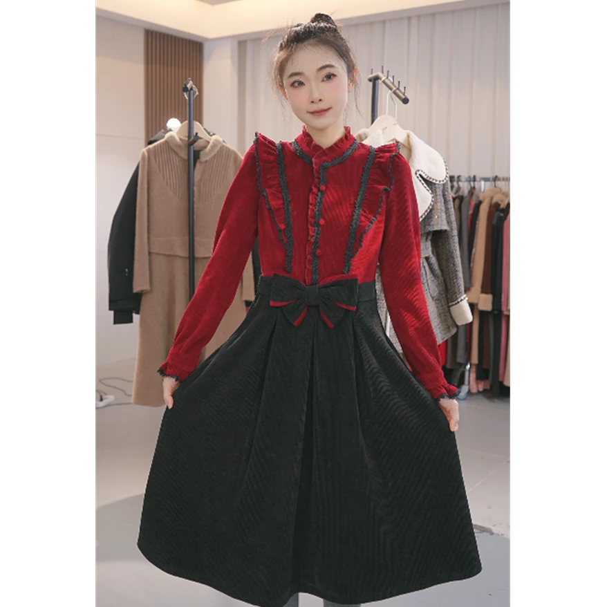 Y1715轻奢高级感气质时尚红色秋冬加厚复古港风连衣裙