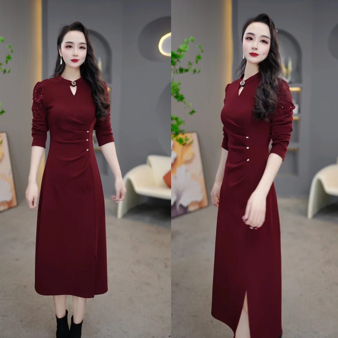 2024秋冬红色开叉法式收腰复古名媛时尚长袖连衣群M-4XL