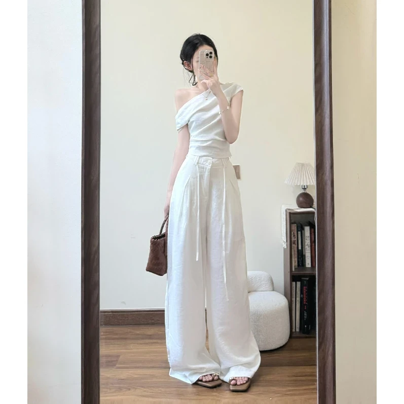 2025夏季新款女韩系穿搭露肩设计感修身上衣气质高腰显瘦阔腿长裤