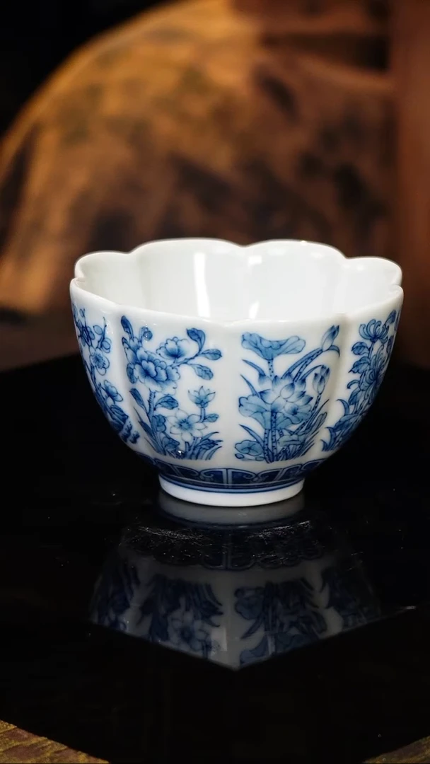 明珠堂-柴窑-花卉花瓣型主人杯-+